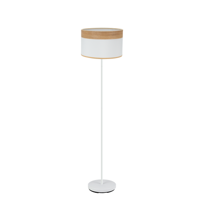 Lámpara de pie Cloe fabricada en metal y textil color blanco y madera clara