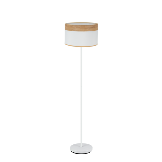 Lámpara de pie Cloe fabricada en metal y textil color blanco y madera clara