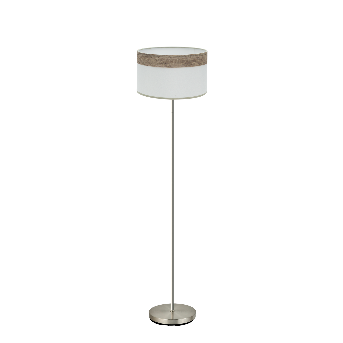 Lámpara de pie Cloe fabricada en metal color níquel y textil color madera gris
