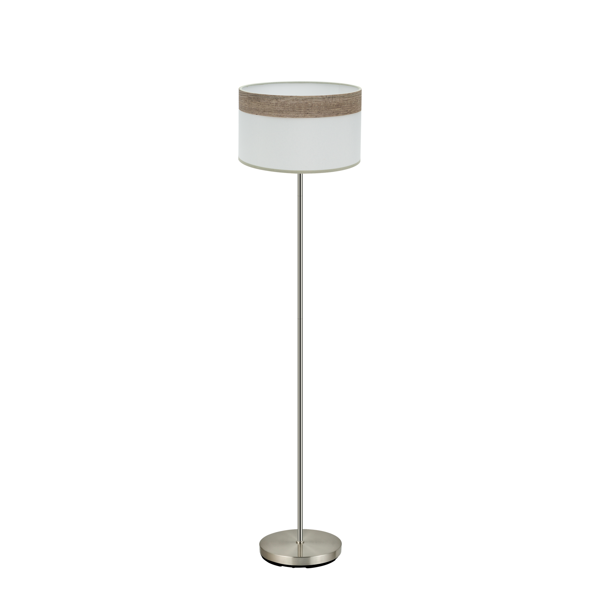 Lámpara de pie Cloe fabricada en metal color níquel y textil color madera gris