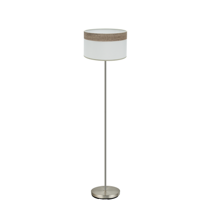 Lámpara de pie Cloe fabricada en metal color níquel y textil color madera gris