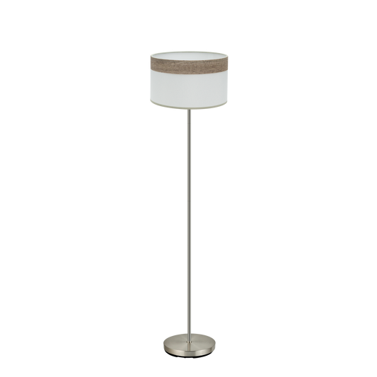 Lámpara de pie Cloe fabricada en metal color níquel y textil color madera gris