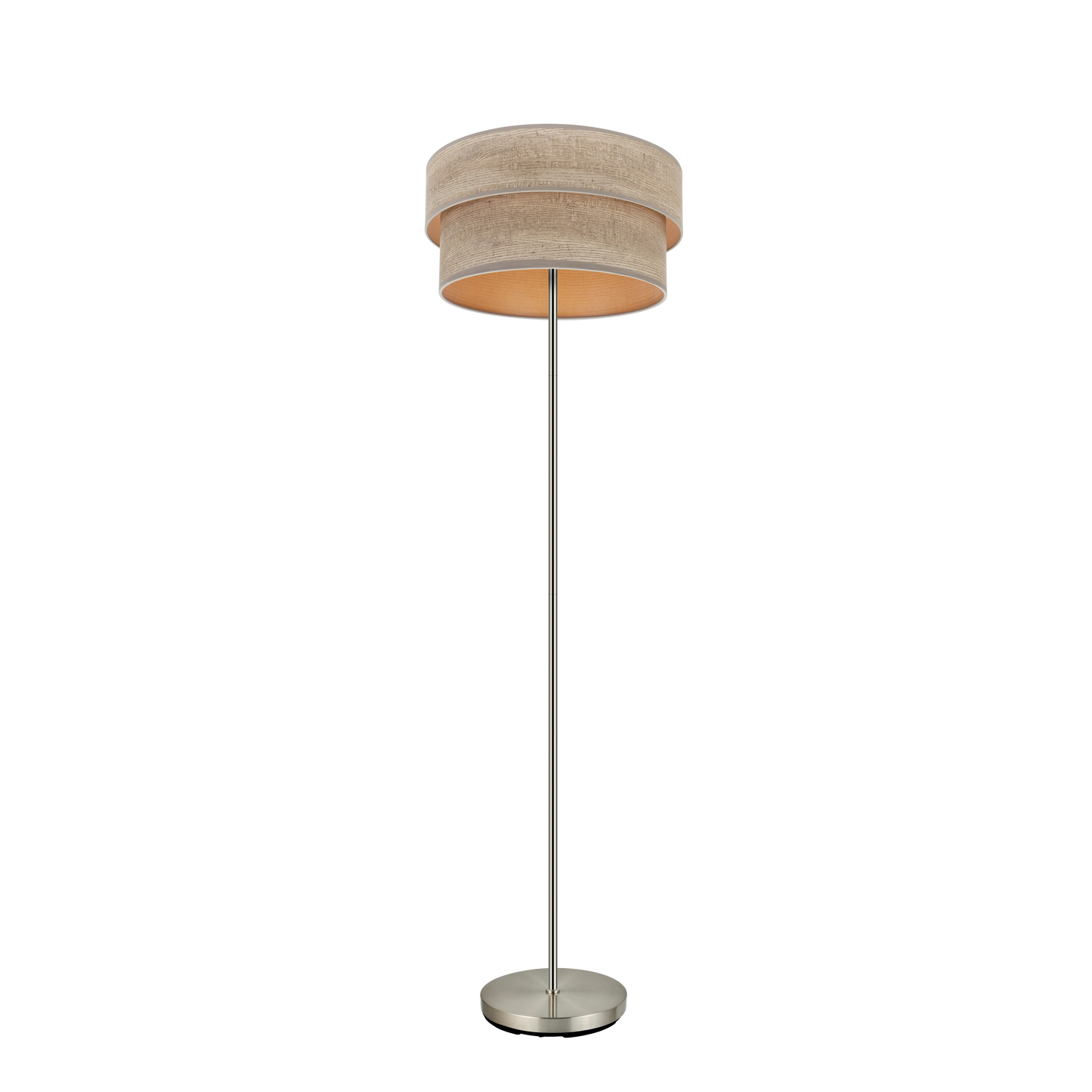 Pie de salón doble Smile de Fabrilamp, color níquel/madera gris, diseño moderno para iluminar tu salón.