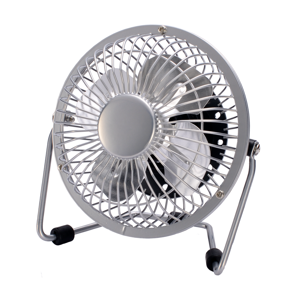 Mini ventilador Bulerias Cromo de Fabrilamp, vista frontal, diseño metálico, puerto USB.