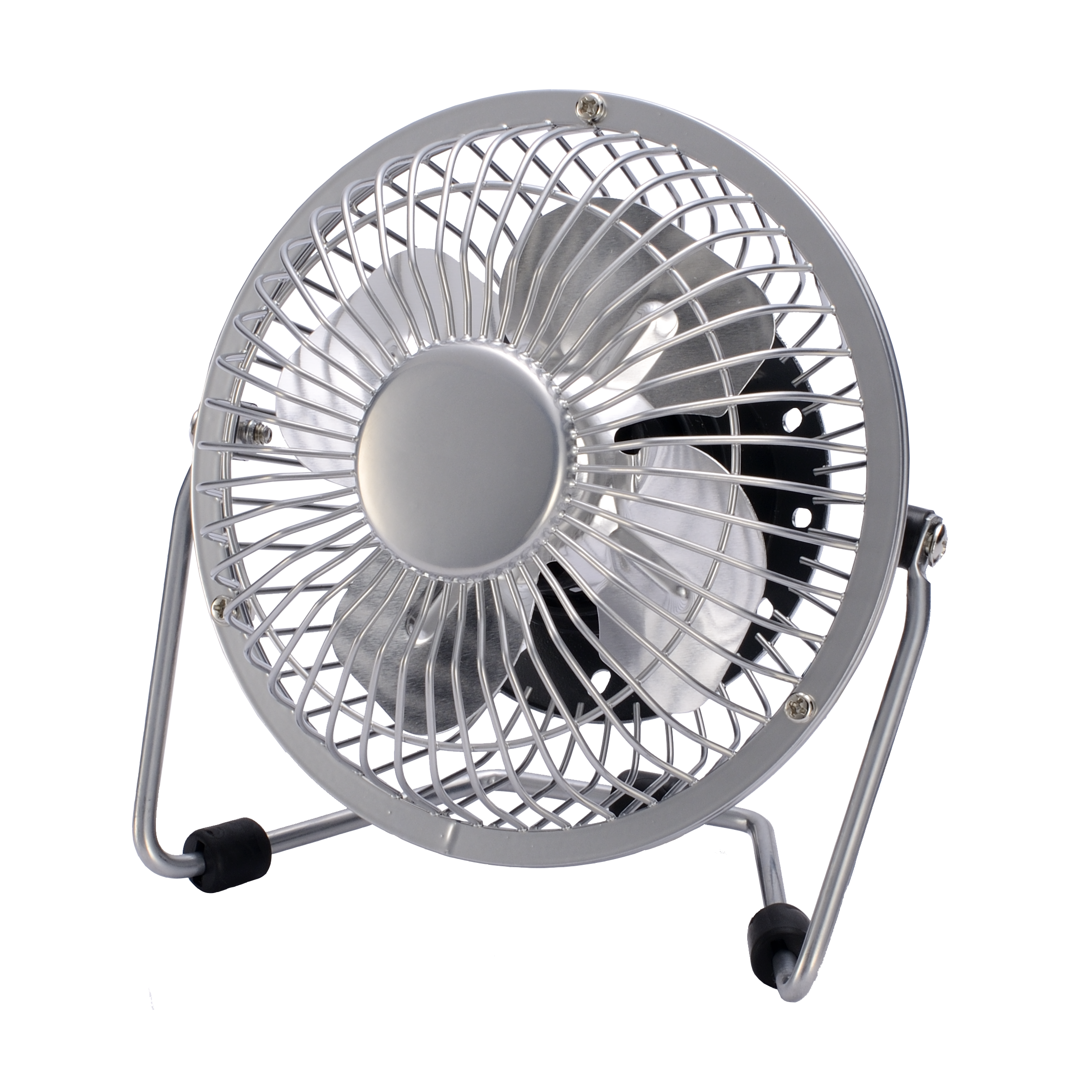 Mini ventilador Bulerias Cromo de Fabrilamp, vista frontal, diseño metálico, puerto USB.