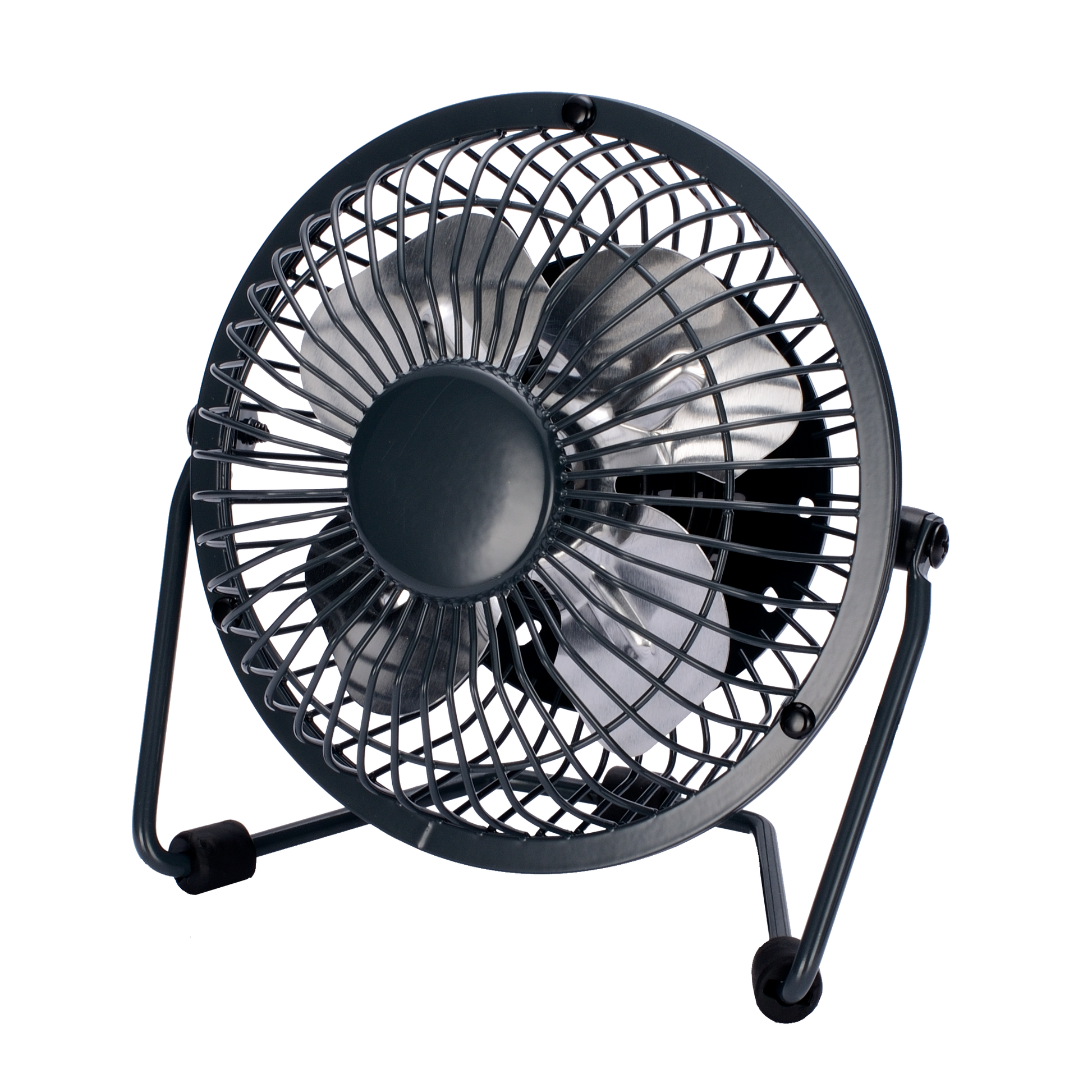 Mini ventilador Bulerias negro de Fabrilamp, vista frontal, con detalles del diseño metálico.