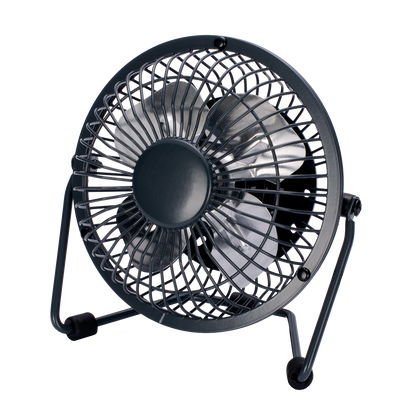 Mini ventilador Bulerias negro de Fabrilamp, vista frontal, con detalles del diseño metálico.