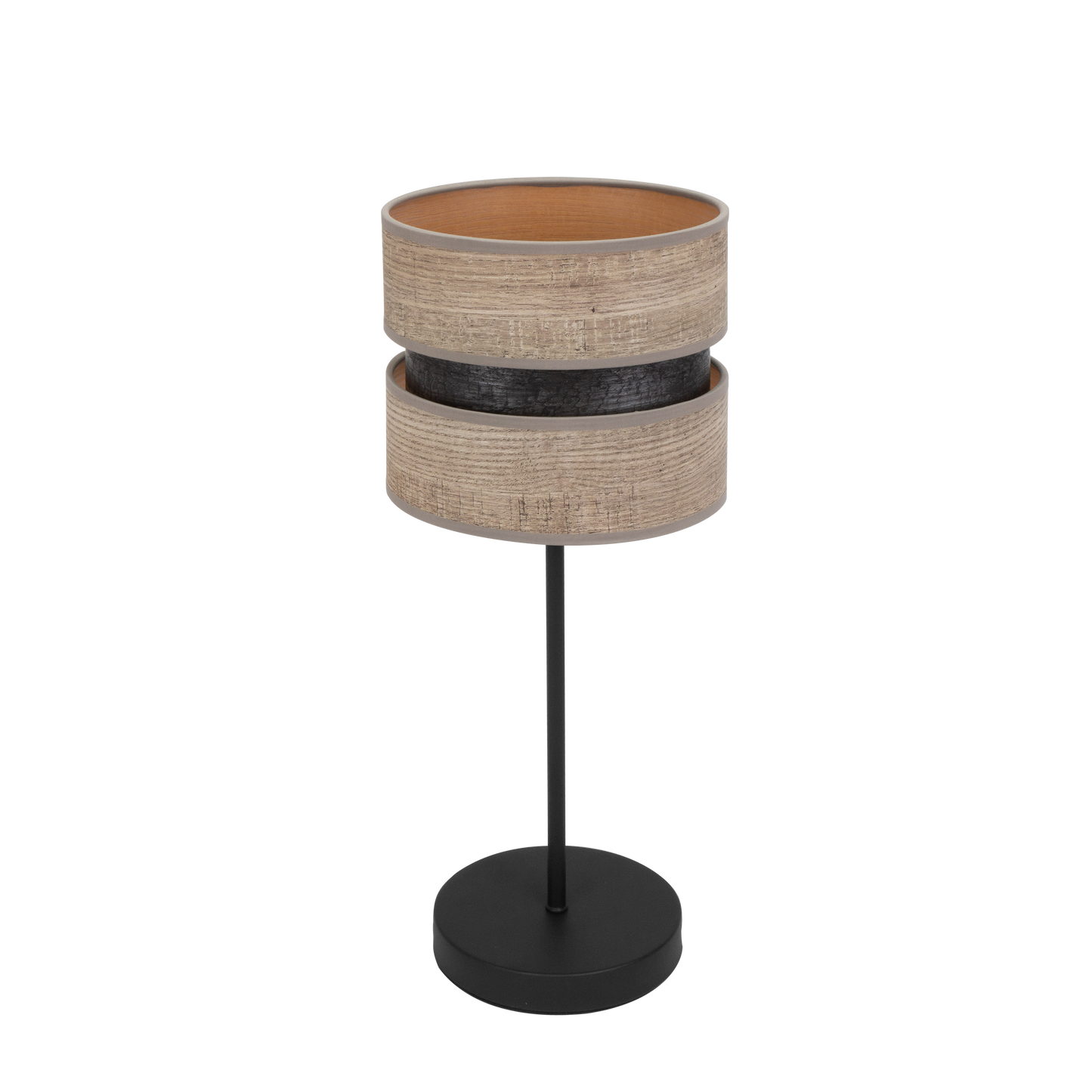 Sobremesa Colet fabricada en metal y textil, color negro y madera gris, ideal para dormitorio