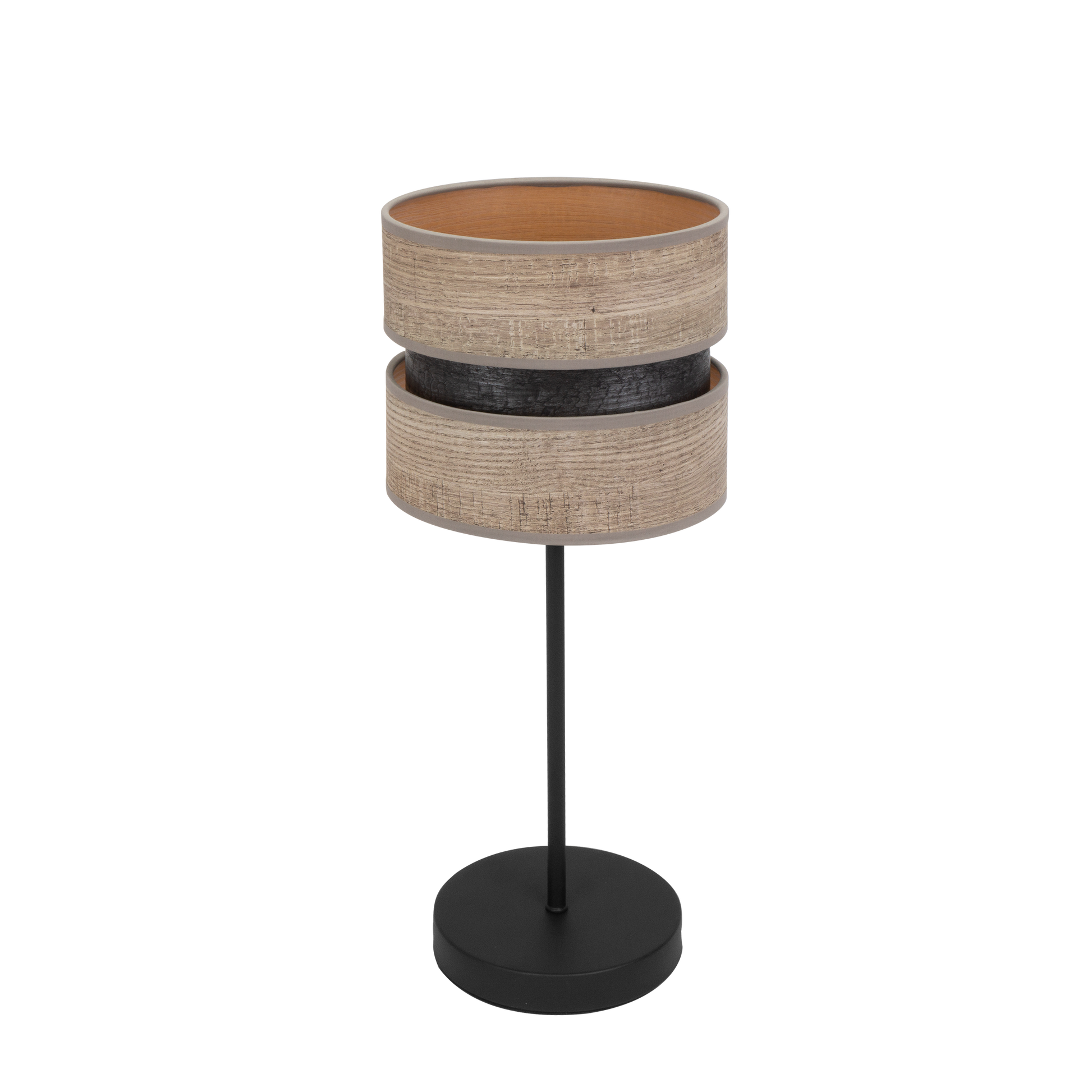 Sobremesa Colet fabricada en metal y textil, color negro y madera gris, ideal para dormitorio