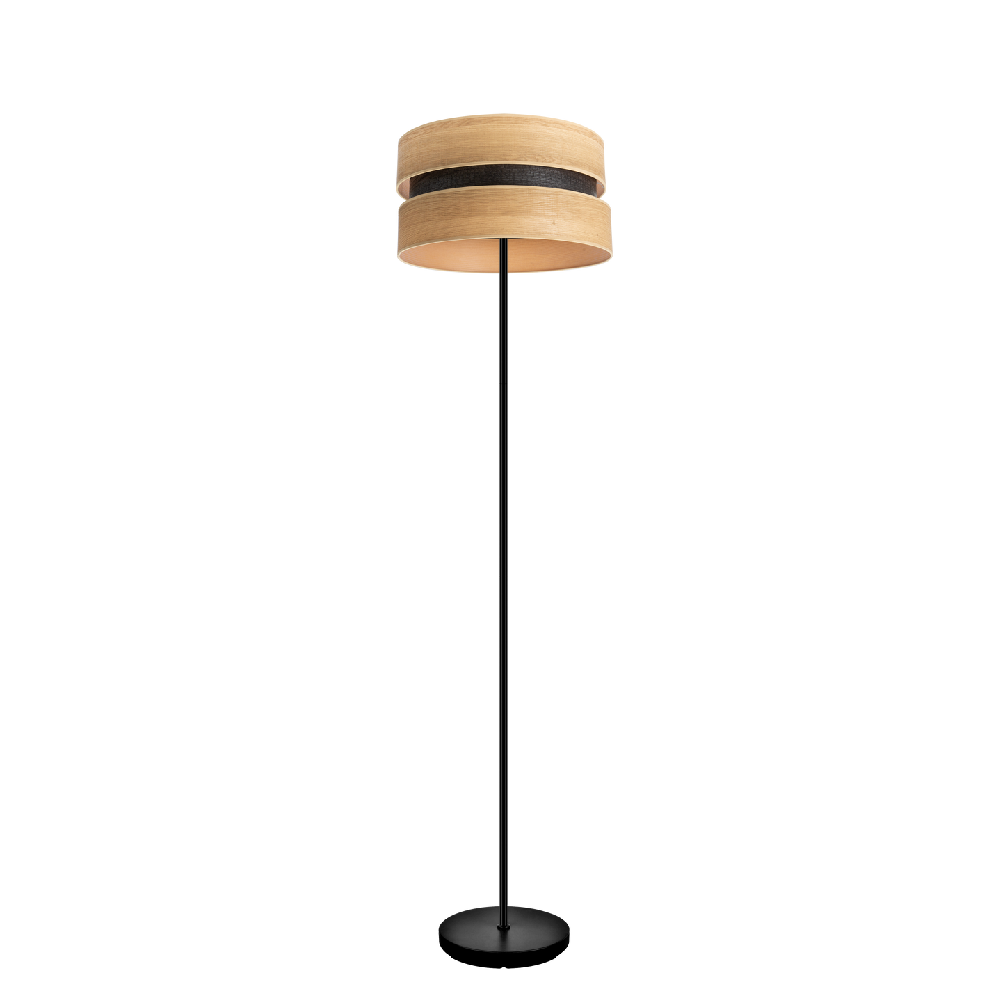 Pie de salón Colet de Fabrilamp, diseño moderno en negro y madera clara. Iluminación elegante para tu hogar.