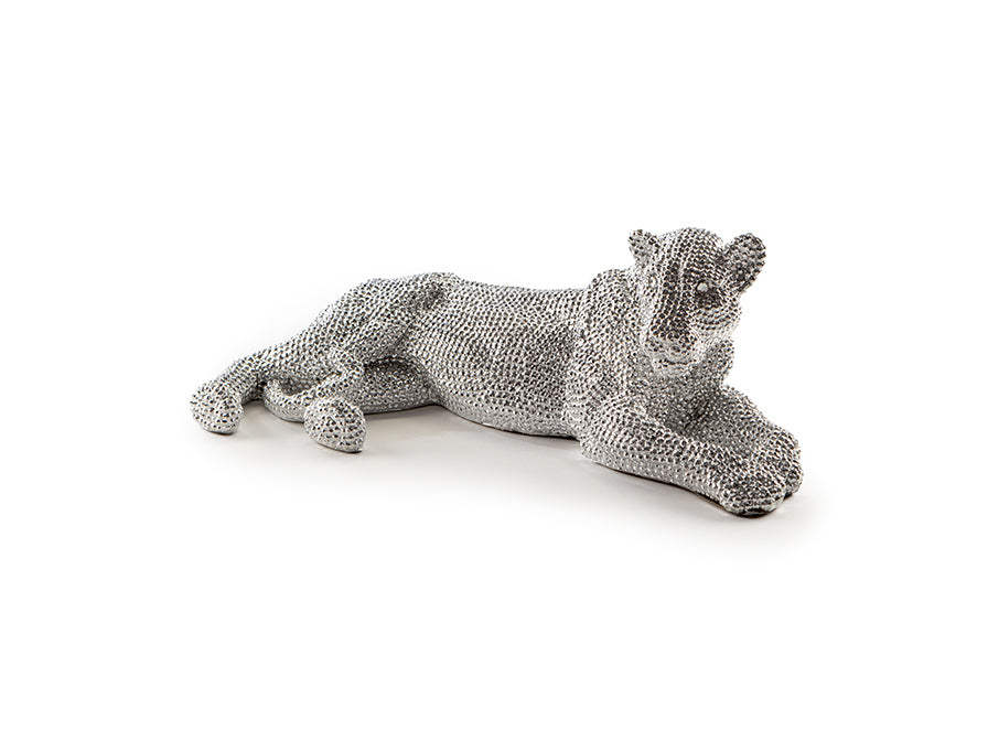 Figura decorativa de frente Leona de Schuller (Leona) en color Plata con textura de pedrería - Ref 946438.

