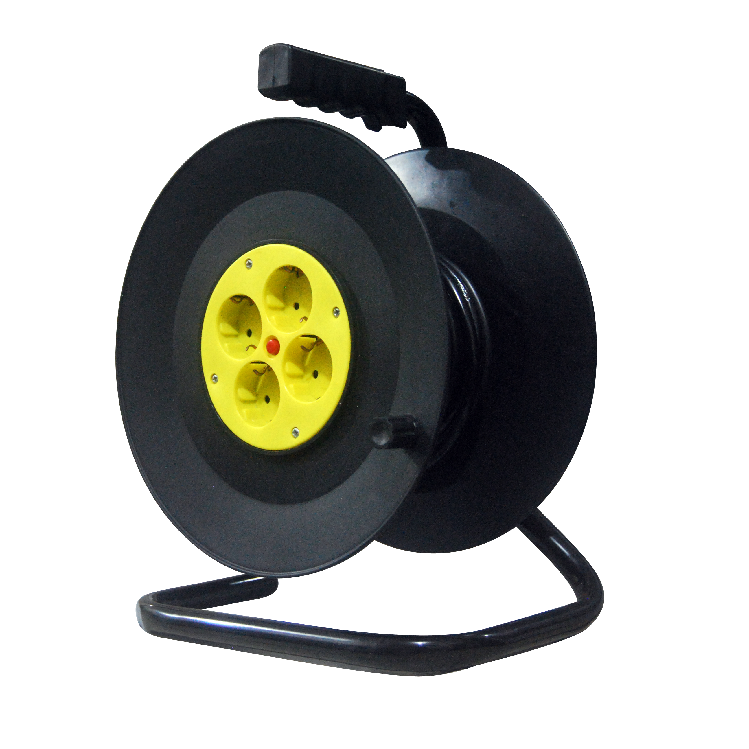 Enrollacable Fabrilamp de 4 enchufes y 25 metros de cable, con termostato de seguridad.