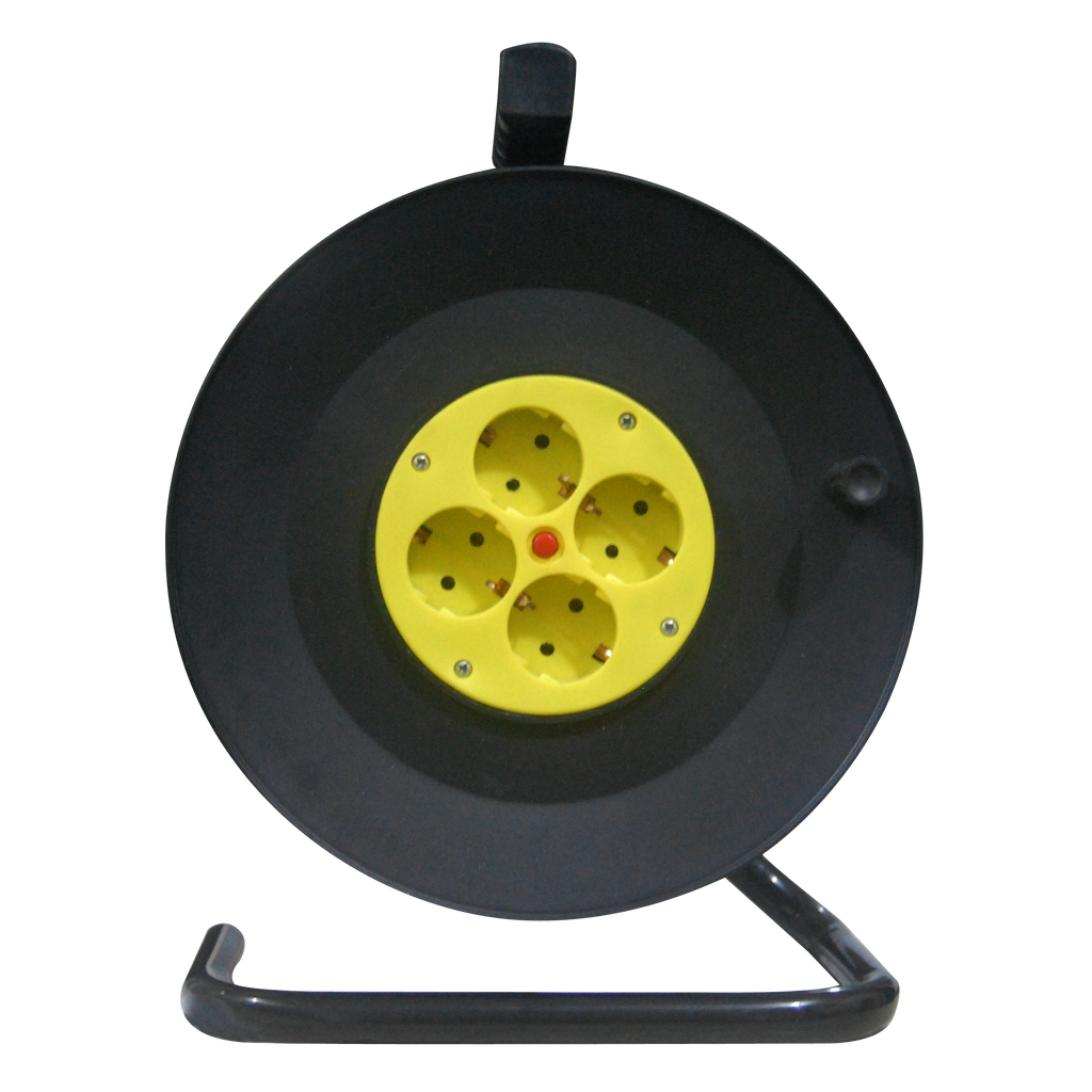 Enrollacable Fabrilamp de 50 metros con 4 enchufes y termostato de seguridad, vista general.