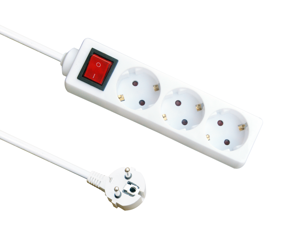 Base múltiple Fabrilamp con 3 enchufes e interruptor, cable de 3 metros.