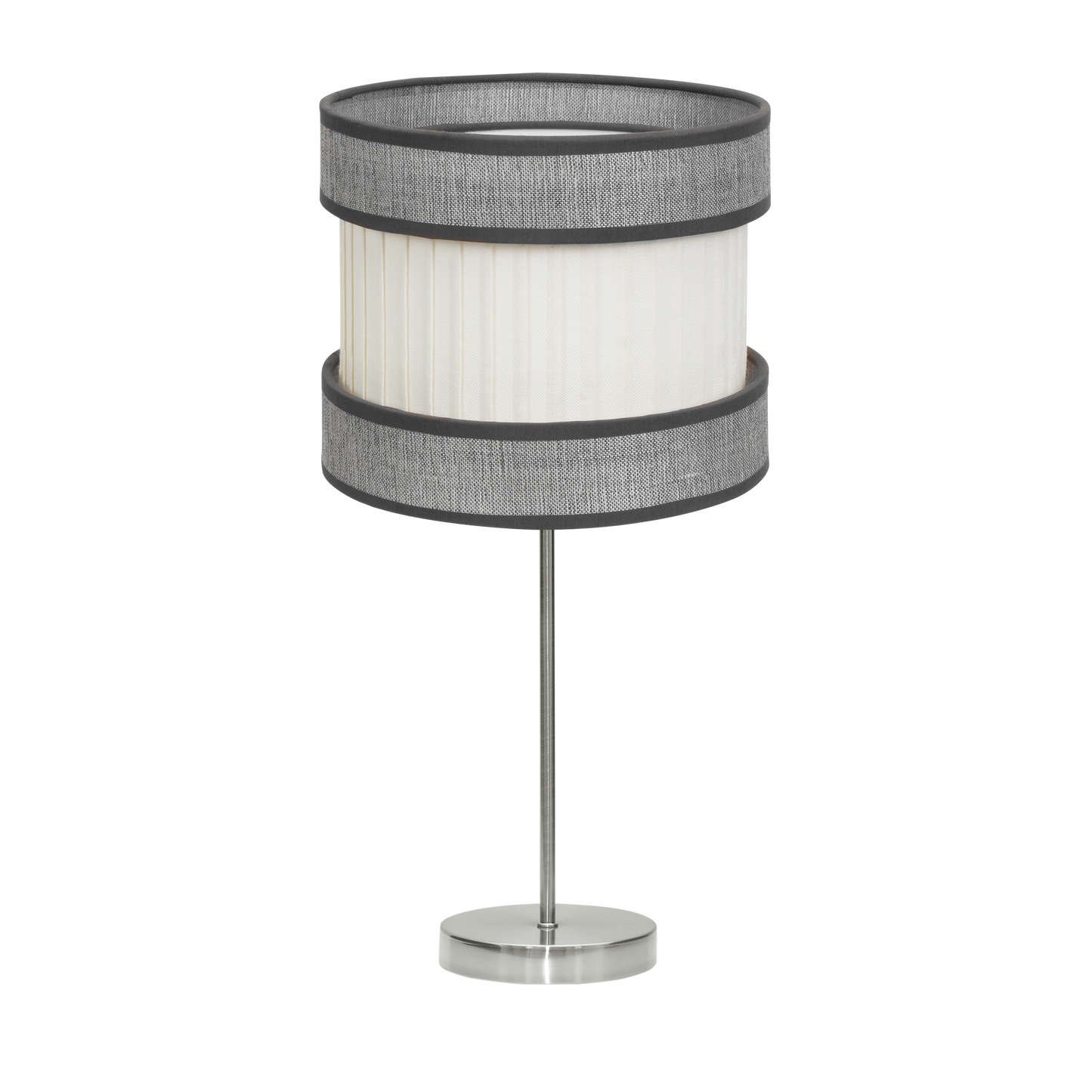 Lámpara de mesa fabricada en metal color níquel con pantalla textil gris/beis