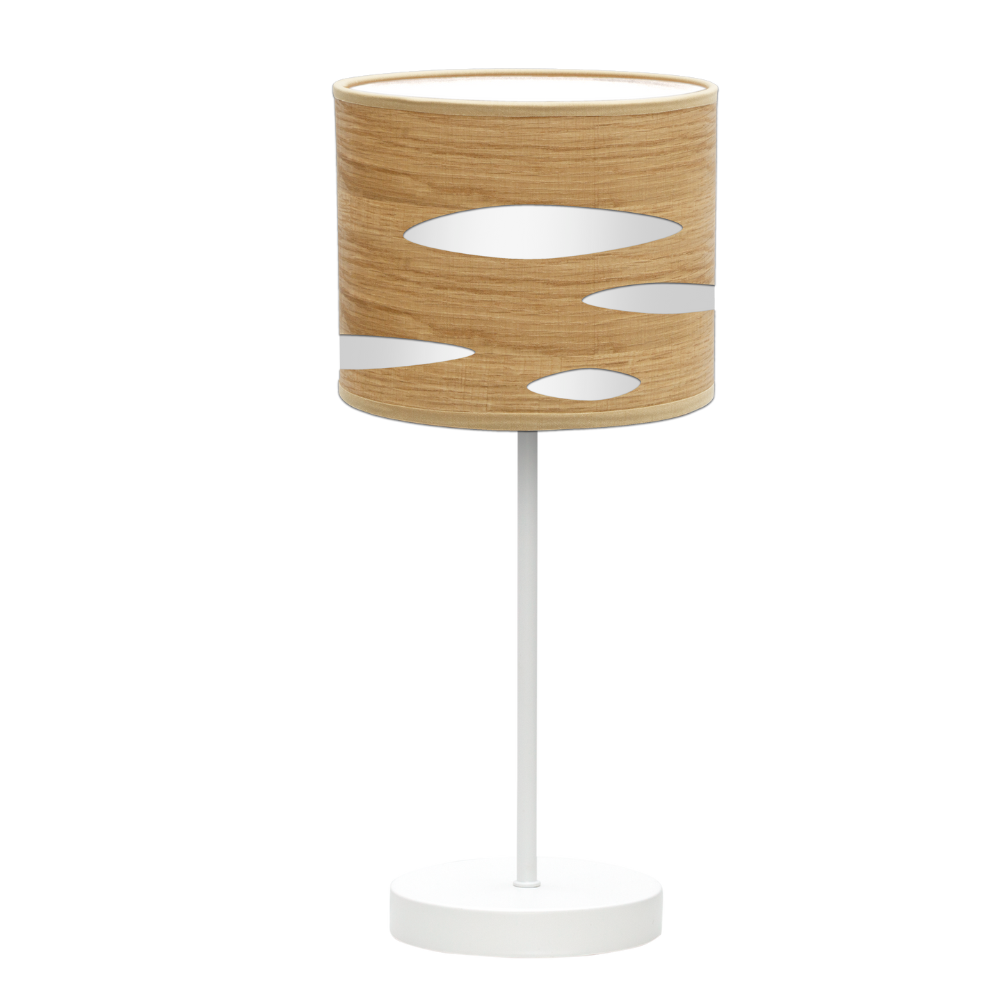 Lámpara Odra fabricada en metal y textil color madera clara y blanco, ideal para dormitorio