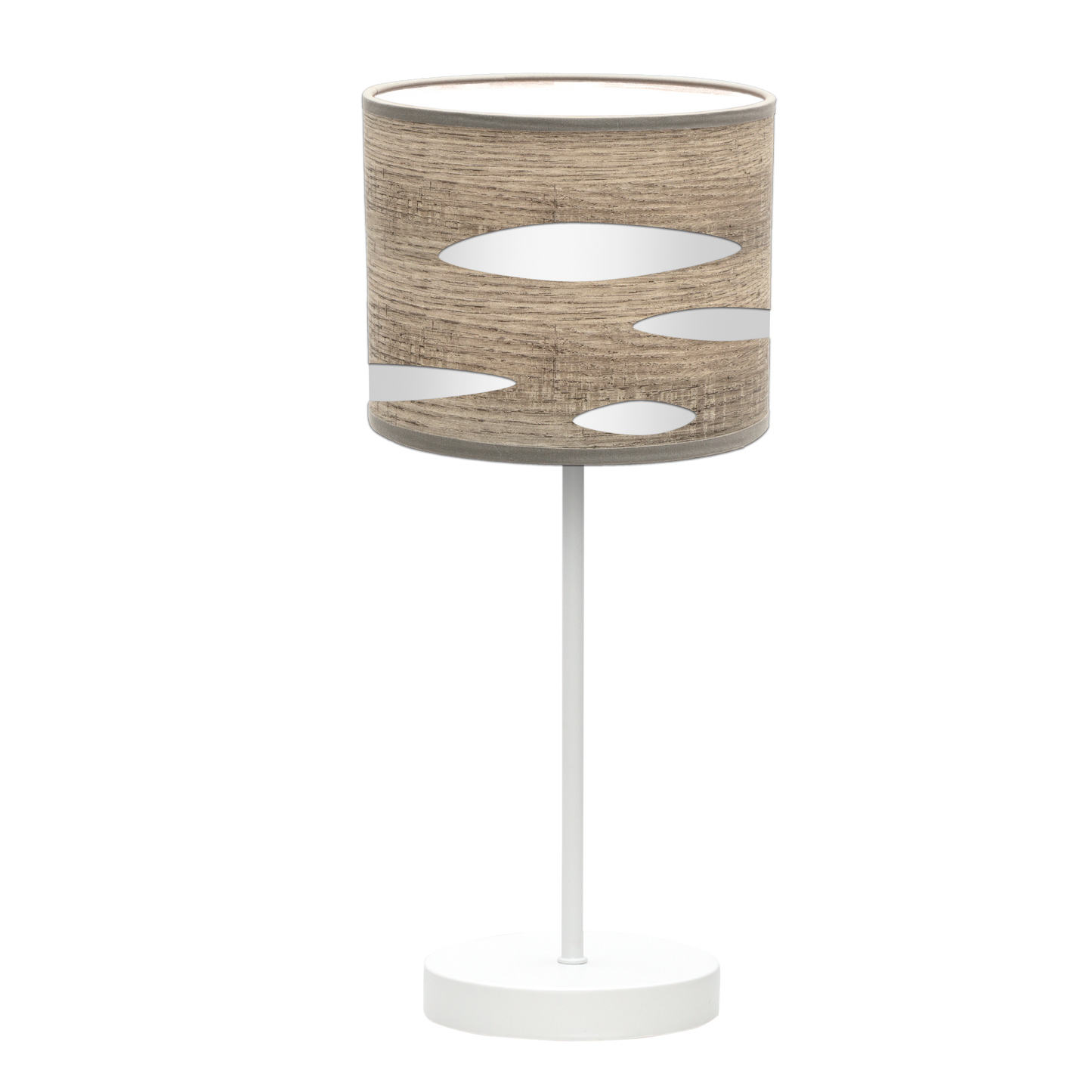 Sobremesa Odra Blanco/Madera Gris de Fabrilamp, vista frontal. Diseño moderno y elegante para tu dormitorio o salón.