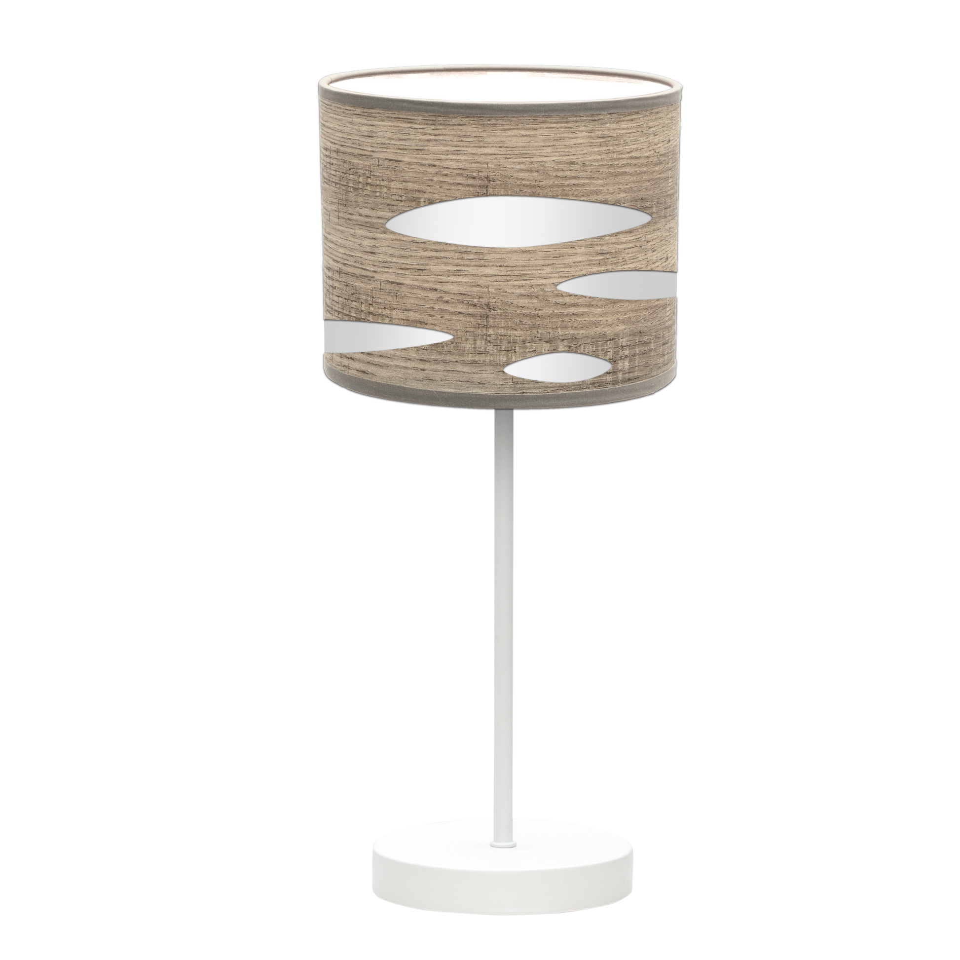 Lámpara Odra fabricada en metal color blanco y textil madera gris