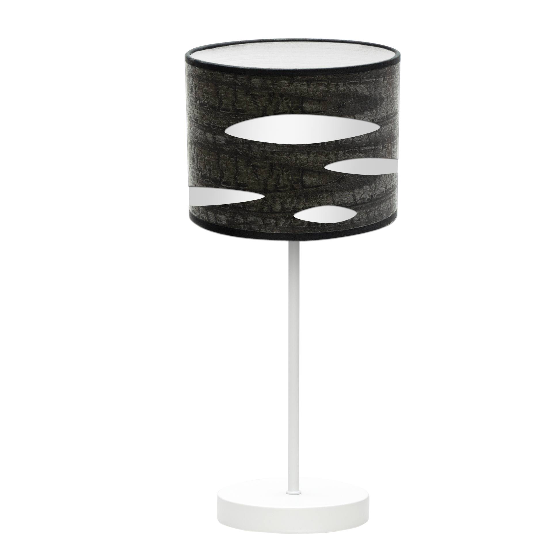 Sobremesa Odra fabricada en metal color blanco y madera negra, ideal para interiores modernos
