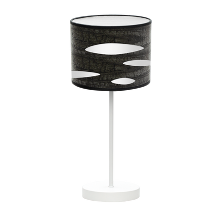 Sobremesa Odra fabricada en metal color blanco y madera negra, ideal para interiores modernos
