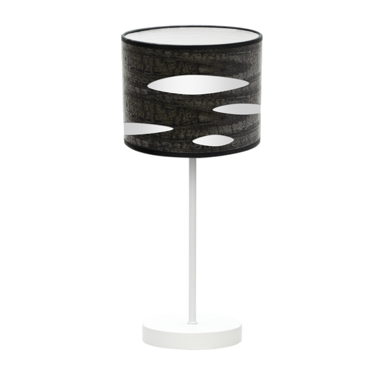 Sobremesa Odra fabricada en metal color blanco y madera negra, ideal para interiores modernos