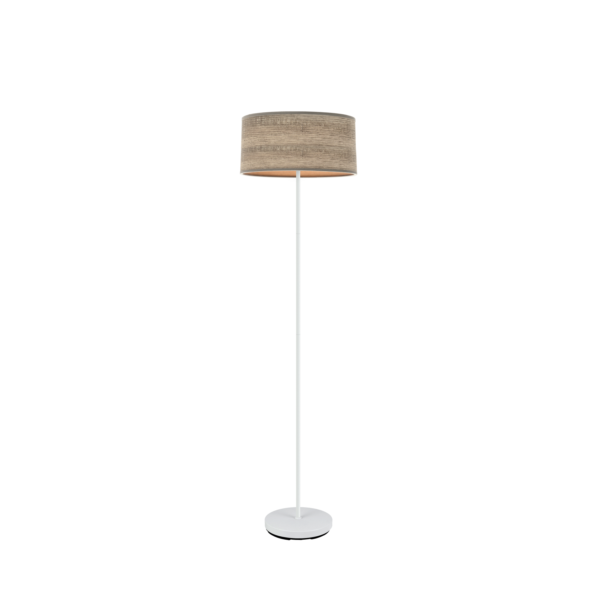 Lámpara de pie Jerte fabricada en metal color blanco y pantalla textil madera gris