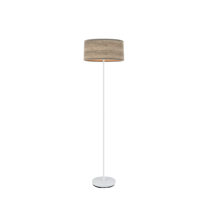 Lámpara de pie Jerte fabricada en metal color blanco y pantalla textil madera gris
