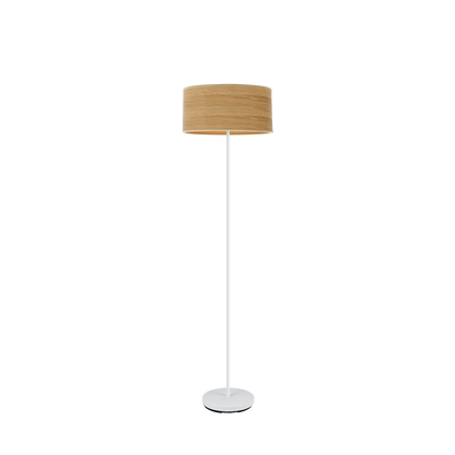 Lámpara de pie Jerte fabricada en metal color blanco y madera clara, ideal para interiores