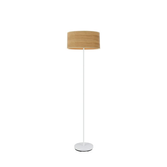 Lámpara de pie Jerte fabricada en metal color blanco y madera clara, ideal para interiores