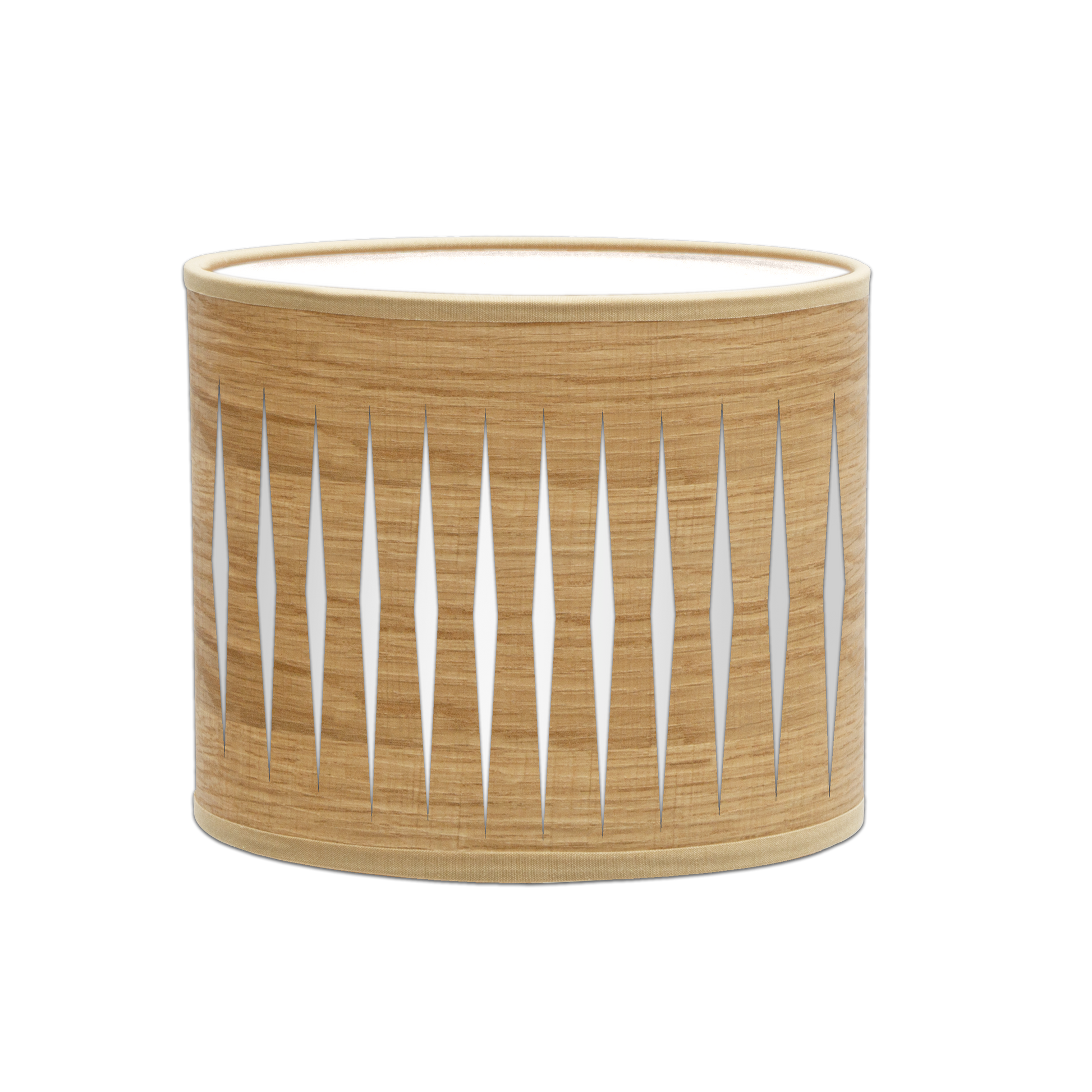 Lámpara Piron fabricada en metal color blanco y textil madera clara, ideal para interiores