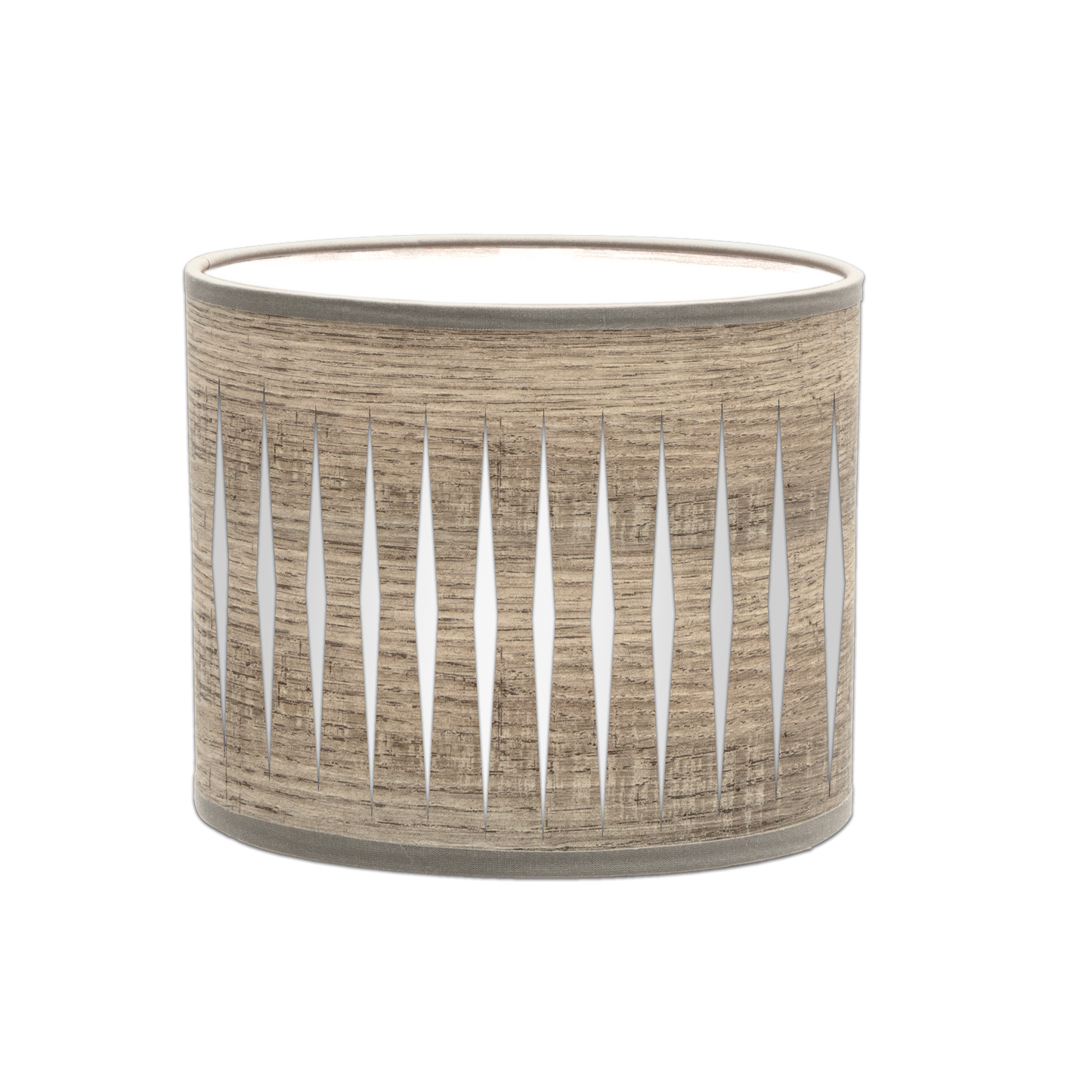 Lámpara Piron fabricada en metal color blanco y pantalla textil en madera gris, ideal para interiores