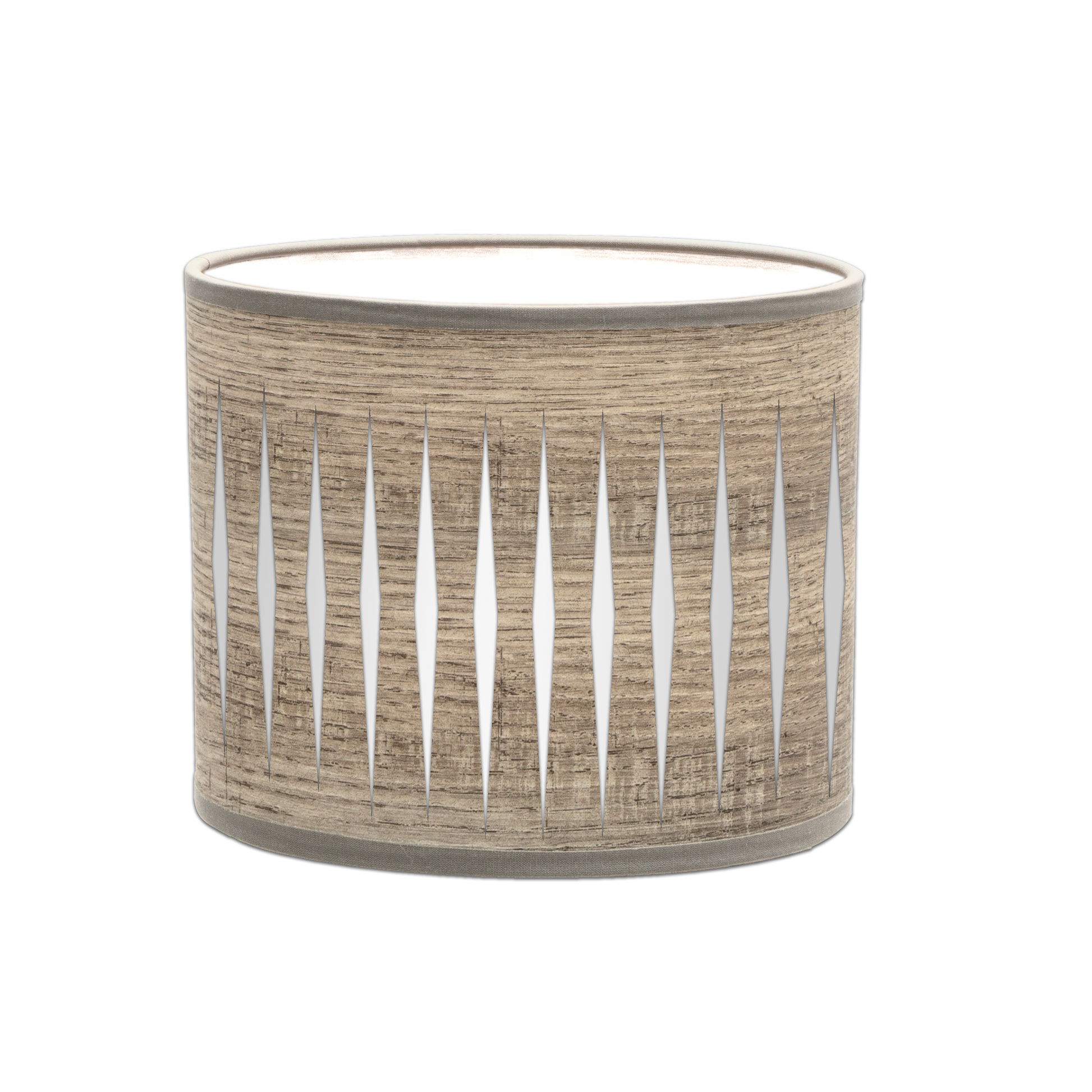 Lámpara Piron fabricada en metal color blanco y pantalla textil en madera gris, ideal para interiores