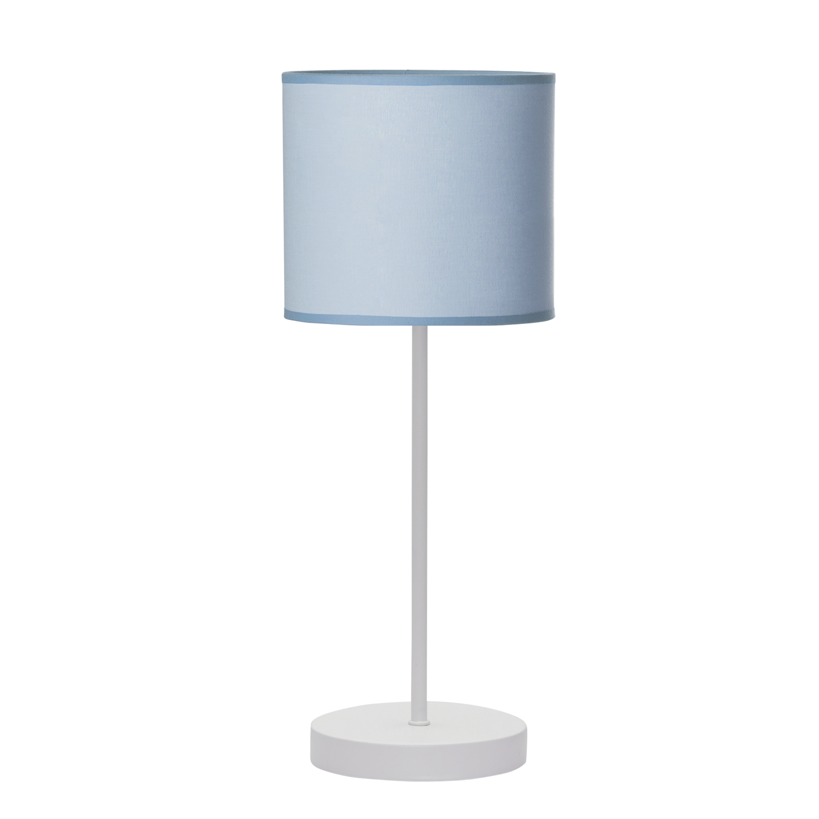Sobremesa Ibor fabricada en metal color blanco y pantalla textil azul, ideal para iluminar la habitación infantil