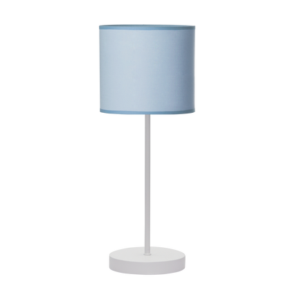Sobremesa Ibor fabricada en metal color blanco y pantalla textil azul, ideal para iluminar la habitación infantil
