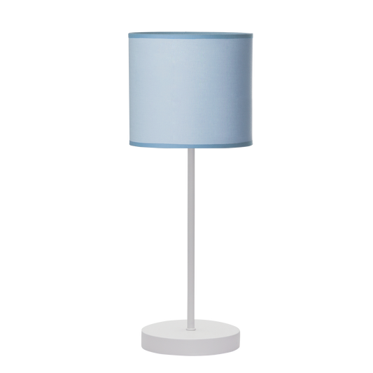 Sobremesa Ibor fabricada en metal color blanco y pantalla textil azul, ideal para iluminar la habitación infantil