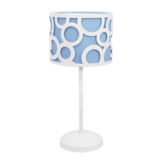 Lámpara Orlando fabricada en metal color azul y textil blanco, ideal para luz suave en interiores