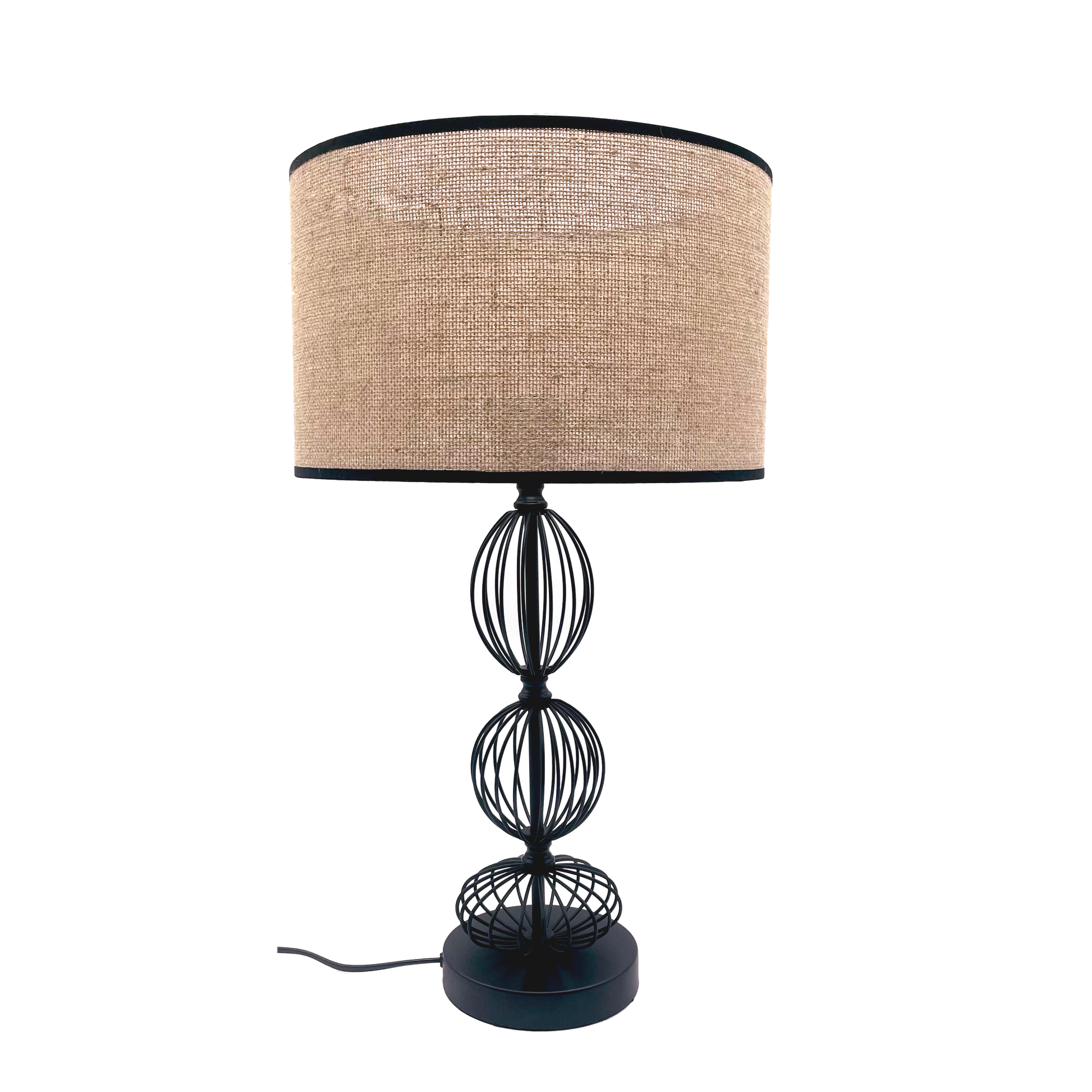 Sobremesa Fionn fabricada en metal color negro y textil beis, ideal para dormitorio