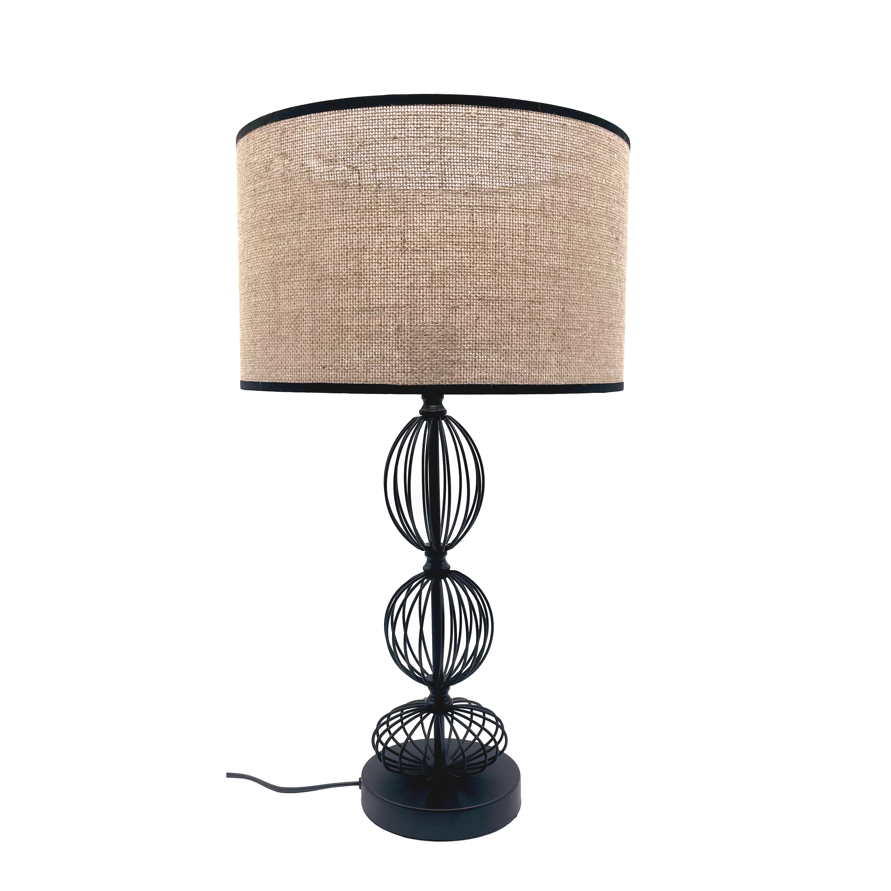 Sobremesa Fionn fabricada en metal color negro y textil beis, ideal para dormitorio