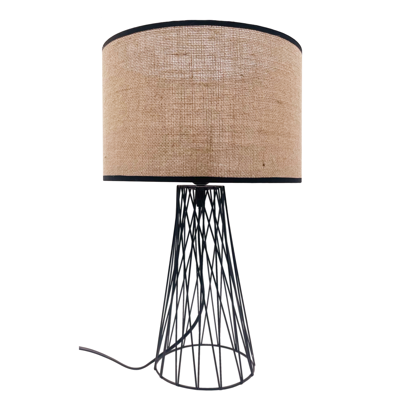 Sobremesa Goran Negro con pantalla de lino Beis de Fabrilamp. Diseño elegante y moderno para iluminar tu hogar.