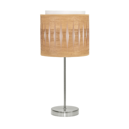 Lámpara Alexandra fabricada en metal y textil color níquel y madera clara, ideal para mesita de noche