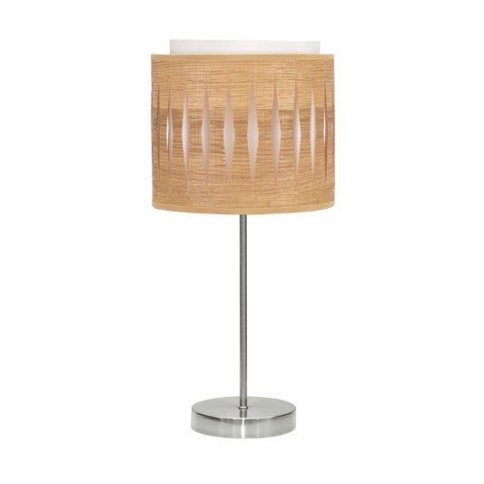 Lámpara Alexandra fabricada en metal y textil color níquel y madera clara, ideal para mesita de noche