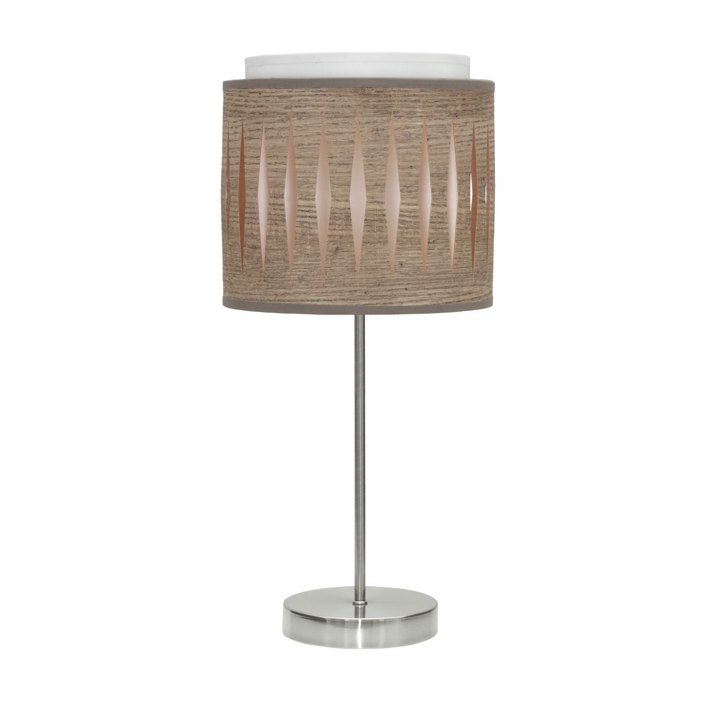 Lámpara Alexandra fabricada en metal color níquel y textil madera gris