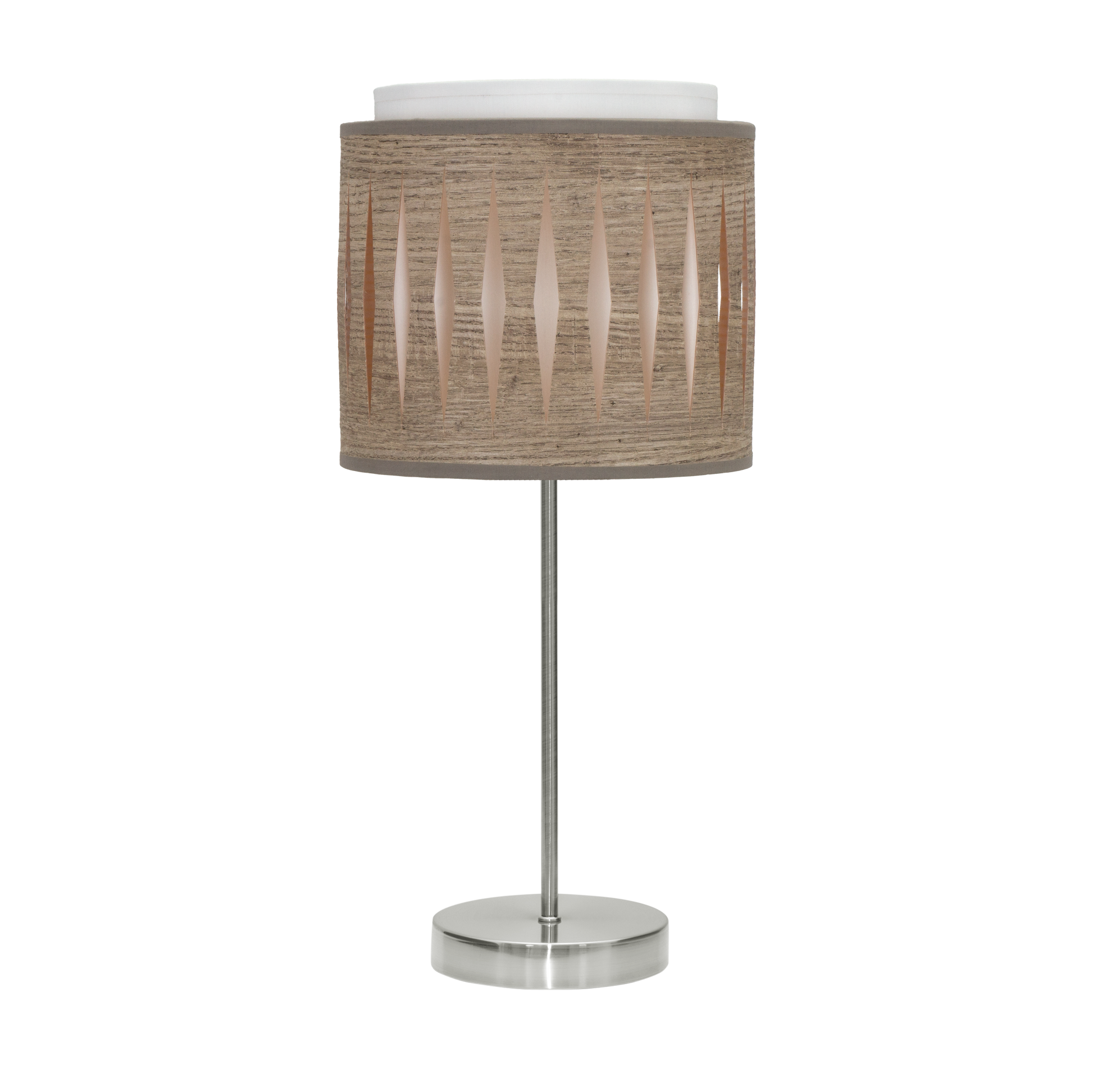 Lámpara Alexandra fabricada en metal color níquel y textil madera gris