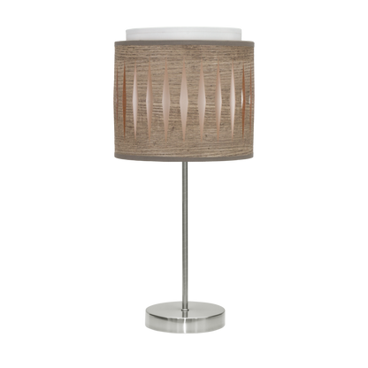 Lámpara Alexandra fabricada en metal color níquel y textil madera gris