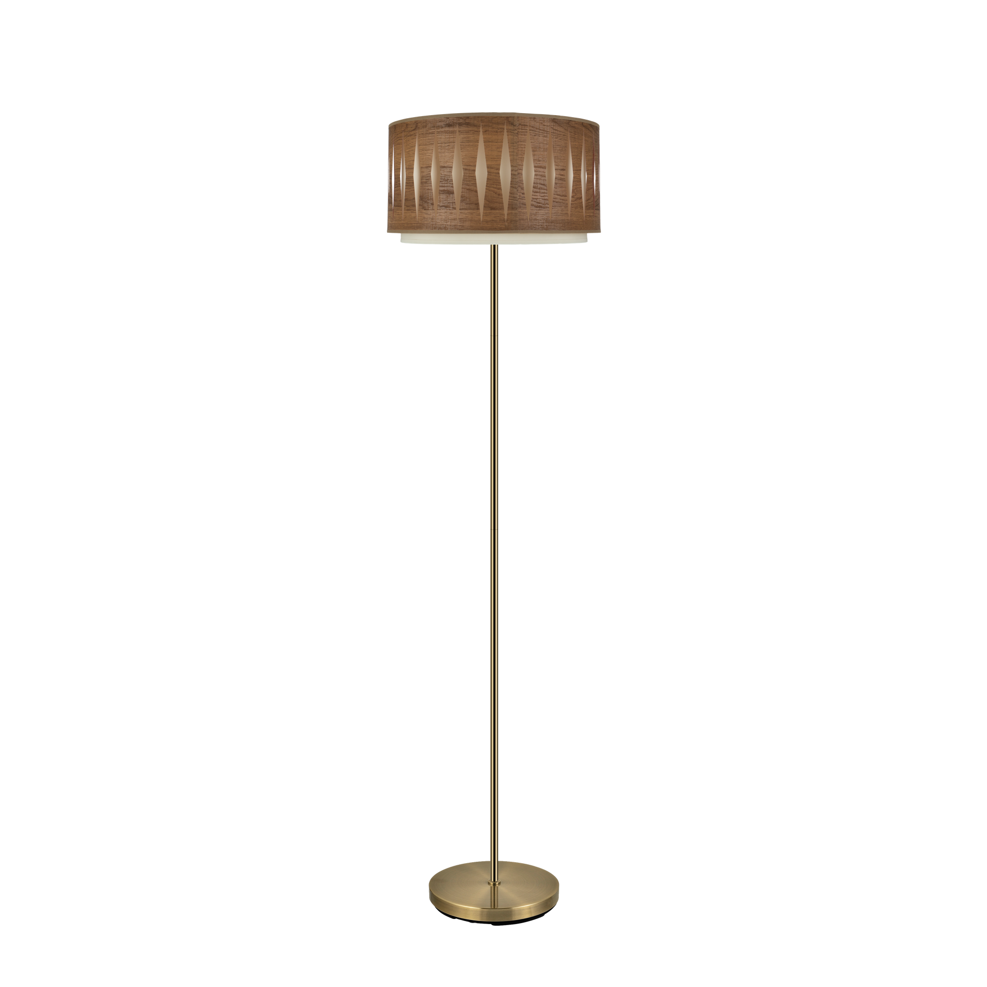 Lámpara de pie Alexandra fabricada en metal color cuero y textil color madera oscura