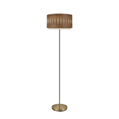 Lámpara de pie Alexandra fabricada en metal color cuero y textil color madera oscura