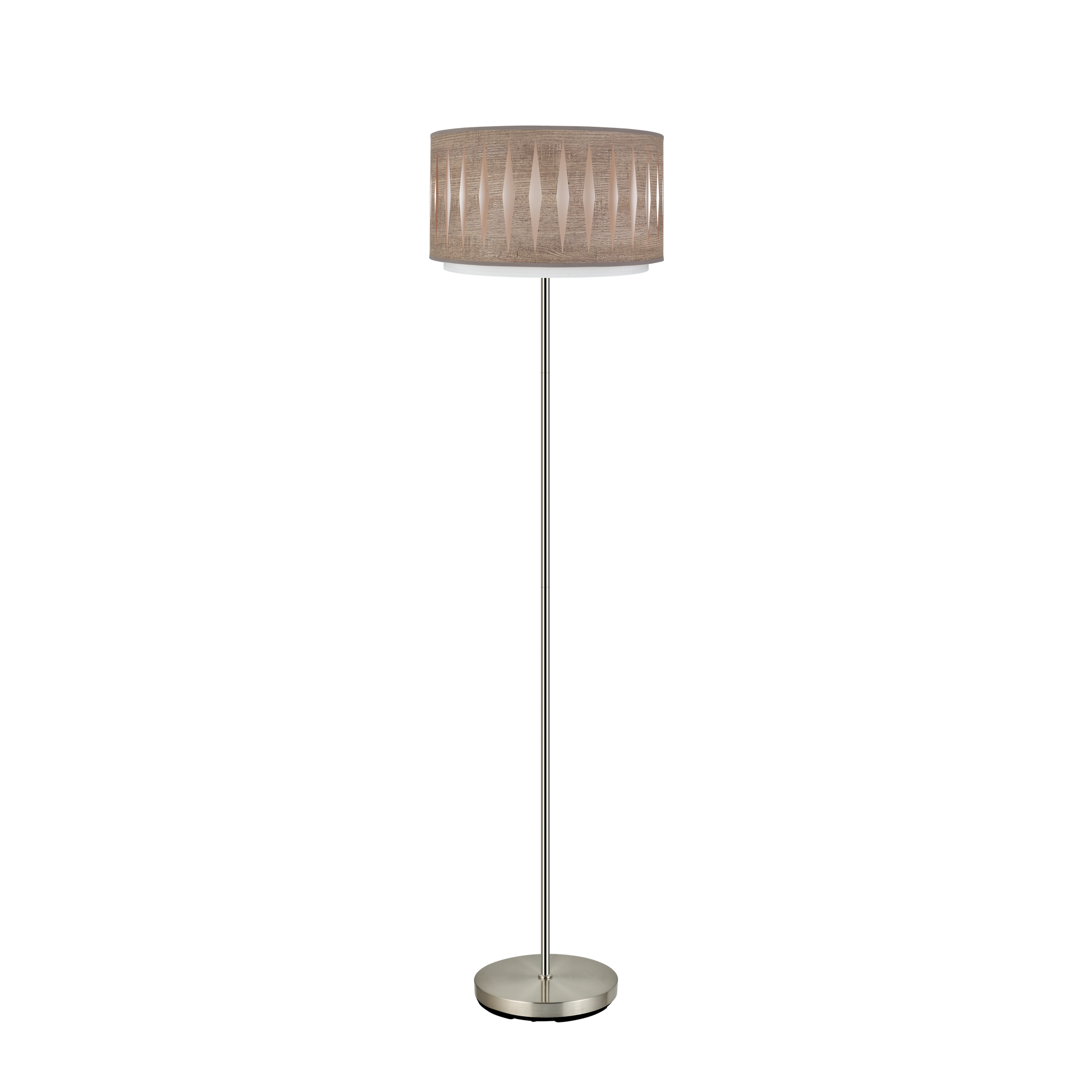 Lámpara de pie Alexandra fabricada en metal color níquel y textil madera gris