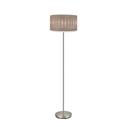 Lámpara de pie Alexandra fabricada en metal color níquel y textil madera gris