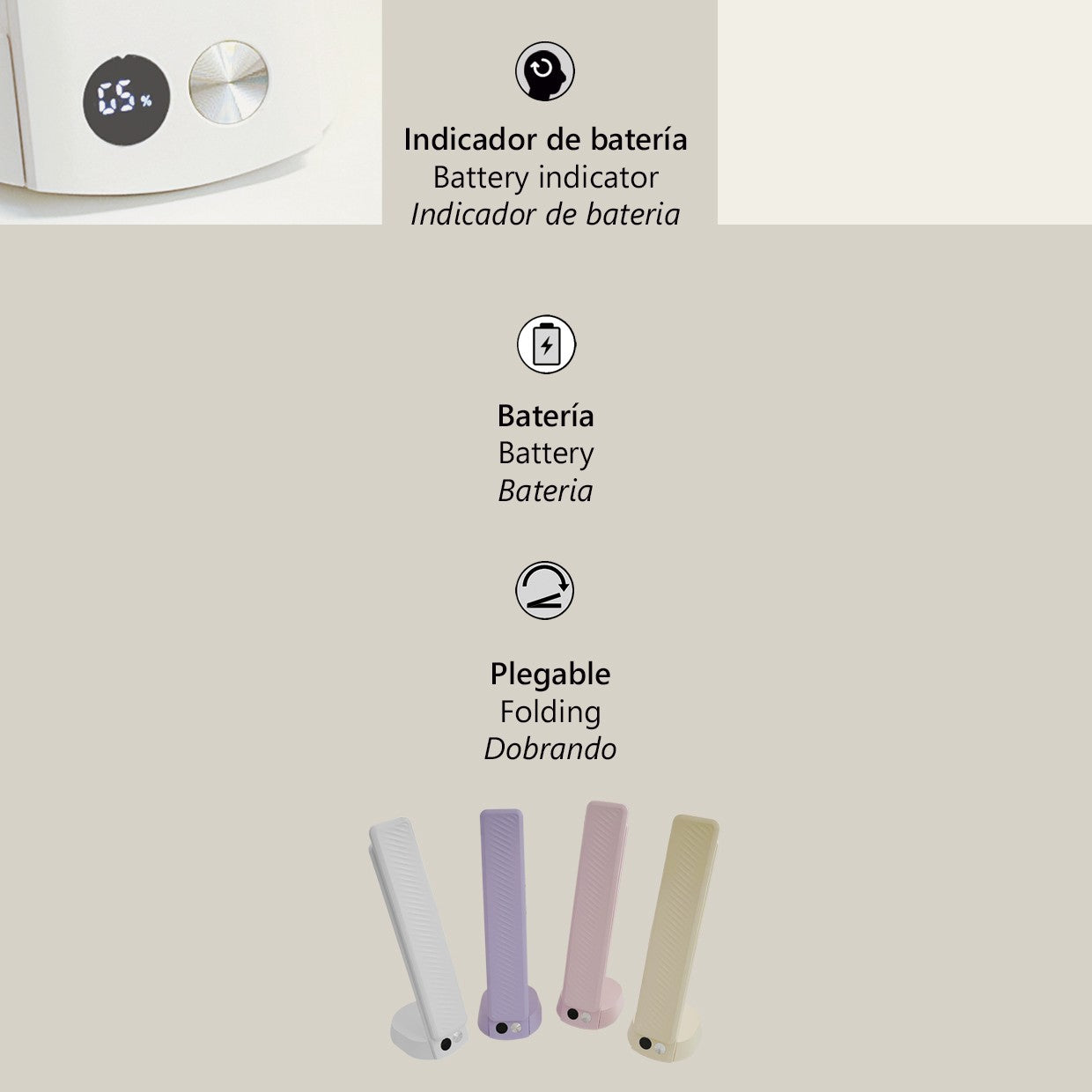 Detalle de pantalla LCD y batería en flexo linterna Blum Lila ALEMAR