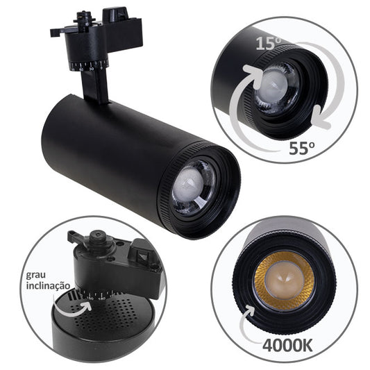 Foco para Carriles ARGOS 30W LED 4000K Negro Interlusa - Vista frontal principal en fondo blanco | LuzGurú
